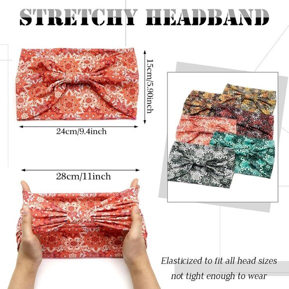 6 Pack Boho Flower Print Wide Knotted Headbands for Women Yoga Workout main image 4